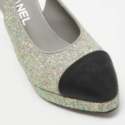 Pre Owned Chanel Grey/Black Glitter and Canvas Cap Toe Slingback Pumps Size 36.5