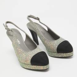 Pre Owned Chanel Grey/Black Glitter and Canvas Cap Toe Slingback Pumps Size 36.5
