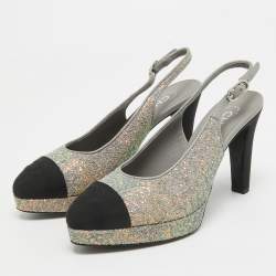 Pre Owned Chanel Grey/Black Glitter and Canvas Cap Toe Slingback Pumps Size 36.5