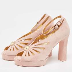 Chanel Pink Suede Embellished Platform Sandals Size 38.5
