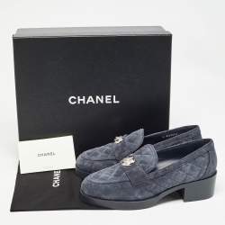Pre Owned Chanel Navy Blue Quilted Suede CC Heart Loafers Size 37.5