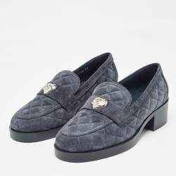Pre Owned Chanel Navy Blue Quilted Suede CC Heart Loafers Size 37.5
