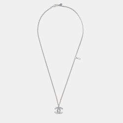Pre Owned Chanel CC Crystal Bead Faux Pearl Silver Tone Necklace
