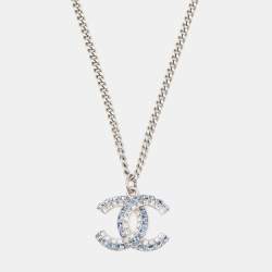 Pre Owned Chanel CC Crystal Bead Faux Pearl Silver Tone Necklace