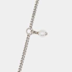 Pre Owned Chanel CC Crystal Bead Faux Pearl Silver Tone Necklace