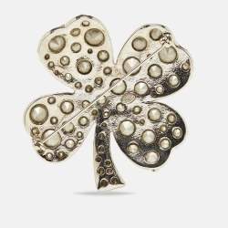Chanel CC Clover Crystals Silver Tone Brooch
