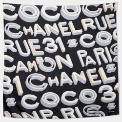 Pre Owned Chanel Black Coco Logo Print Silk Scarf
