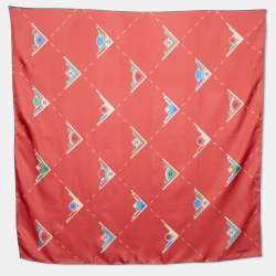 Pre Owned Chanel Coral Red CC Geometric Print Silk Scarf