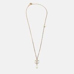 Pre Owned Chanel CC Faux Pearl Crystals Gold Tone Metal Pendant Necklace