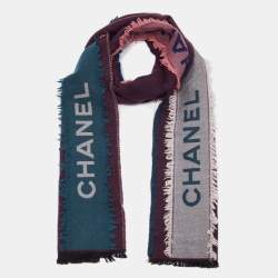 Pre Owned Chanel Multicolor Logo Pattern Cashmere and Silk Raw Edge Scarf