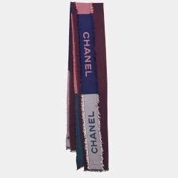 Pre Owned Chanel Multicolor Logo Pattern Cashmere and Silk Raw Edge Scarf
