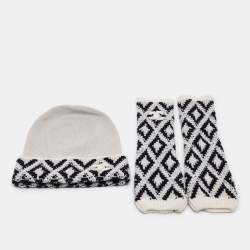 Chanel Blue/White Patterned Cashmere Knit Beanie and Gloves Set