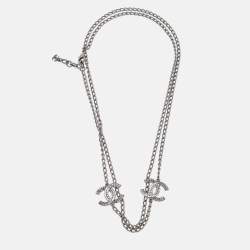 Pre Owned Chanel CC Crystals Gunmetal Tone Long Necklace