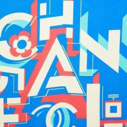 Pre Owned Chanel Blue Geometric Logo Print Silk Scarf