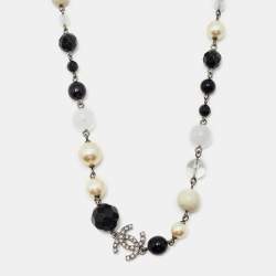 Chanel CC Beads Crystals Silver Tone Long Necklace