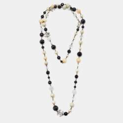 Chanel CC Beads Crystals Silver Tone Long Necklace