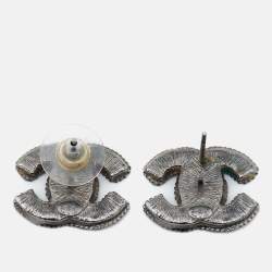 Pre Owned Chanel CC Enamel Silver Tone Earrings