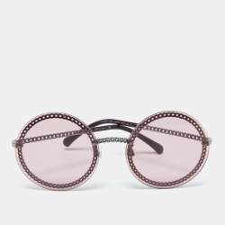Pre Owned Chanel Silver Tone/Pink 4245 Chain Detail Round Sunglasses