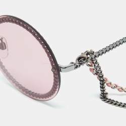 Pre Owned Chanel Silver Tone/Pink 4245 Chain Detail Round Sunglasses