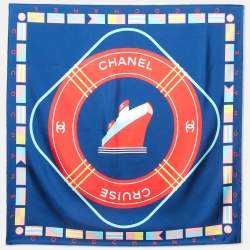 مملوكة مسبقًا Chanel Navy Blue Logo Cruise Print Silk Square Scarf