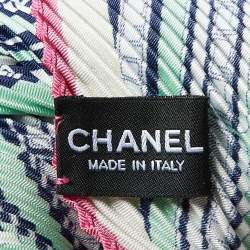 Pre Owned Chanel Green Locomotive Train Print Silk Plisse Scarf