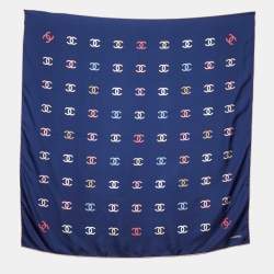 Pre Owned Chanel Navy Blue All-Over CC Print Silk Square Scarf
