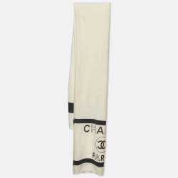 Pre Owned Chanel Cream/Grey Logo Print Cashmere Knit Stole 