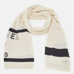 Pre Owned Chanel Cream/Grey Logo Print Cashmere Knit Stole 
