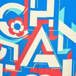 Pre Owned Chanel Blue Geometric Logo Print Silk Square Scarf