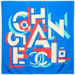 Pre Owned Chanel Blue Geometric Logo Print Silk Square Scarf