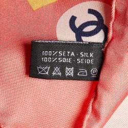 Pre Owned Chanel Coral Pink Logo Cruise Print Silk Square Scarf
