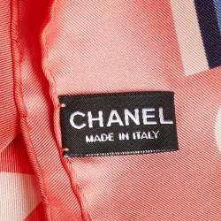 Pre Owned Chanel Coral Pink Logo Cruise Print Silk Square Scarf