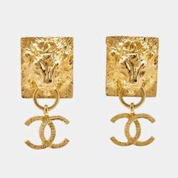 Pre Owned Chanel CC Lion Head Gold Tone Drop Earrings