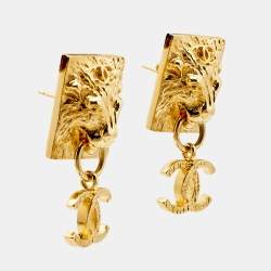 Pre Owned Chanel CC Lion Head Gold Tone Drop Earrings