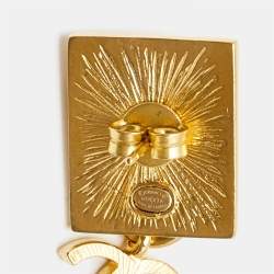 Pre Owned Chanel CC Lion Head Gold Tone Drop Earrings