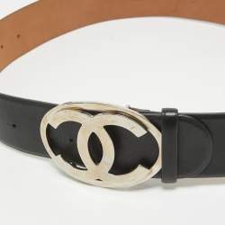 Chanel Black Leather CC Logo Round Buckle Wide Belt 90CM