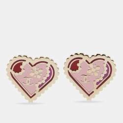 Pre Owned Chanel CC Heart Multicolor Enamel Gold Tone Clip On Earring