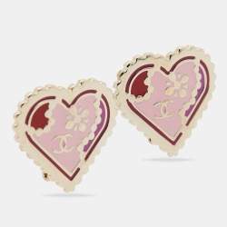 Pre Owned Chanel CC Heart Multicolor Enamel Gold Tone Clip On Earring