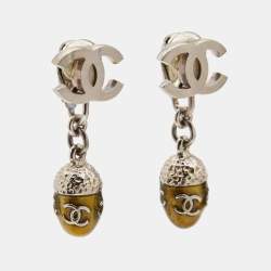 Pre Owned Chanel CC Enamel Silver Tone Drop Clip On Earrings