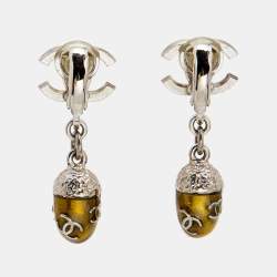 Pre Owned Chanel CC Enamel Silver Tone Drop Clip On Earrings