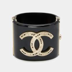 Chanel CC Resin Crystal Studded Gold Tone Wide Cuff Bracelet