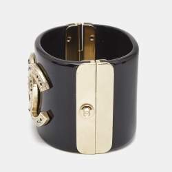 Chanel CC Resin Crystal Studded Gold Tone Wide Cuff Bracelet