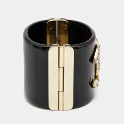 Chanel CC Resin Crystal Studded Gold Tone Wide Cuff Bracelet