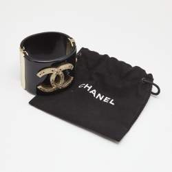 Chanel CC Resin Crystal Studded Gold Tone Wide Cuff Bracelet