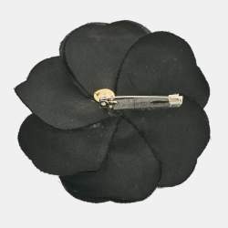 Pre Owned Chanel Vintage Black Camellia Silk Pin Brooch
