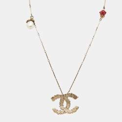 Pre Owned Chanel CC Enamel Crystal Gold Tone Necklace