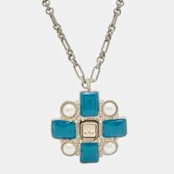 Pre Owned Chanel  CC Enamel Crystals Silver Tone Necklace