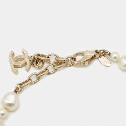 Pre Owned Chanel CC Classic Short Off White Faux Pearl Gold Tone Necklace