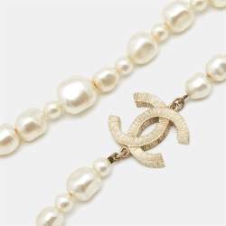 Pre Owned Chanel CC Classic Short Off White Faux Pearl Gold Tone Necklace