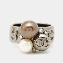 Pre Owned Chanel CC Faux Pearl Crystals Gunmetal Tone Ring Size 54